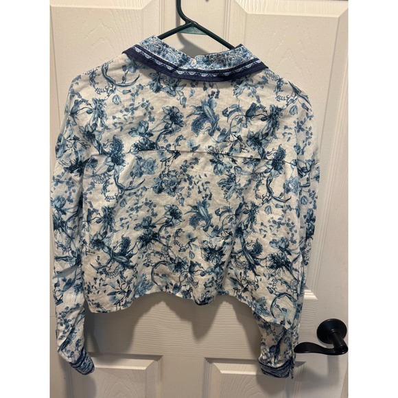 Magaschoni Blue Floral Linen Button Front Shirt Size S/P - Picture 7 of 8